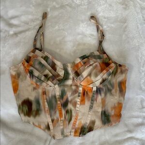 SHEIN Beige Satin Bustier Camisole with Orange and Green Abstract PrintXs